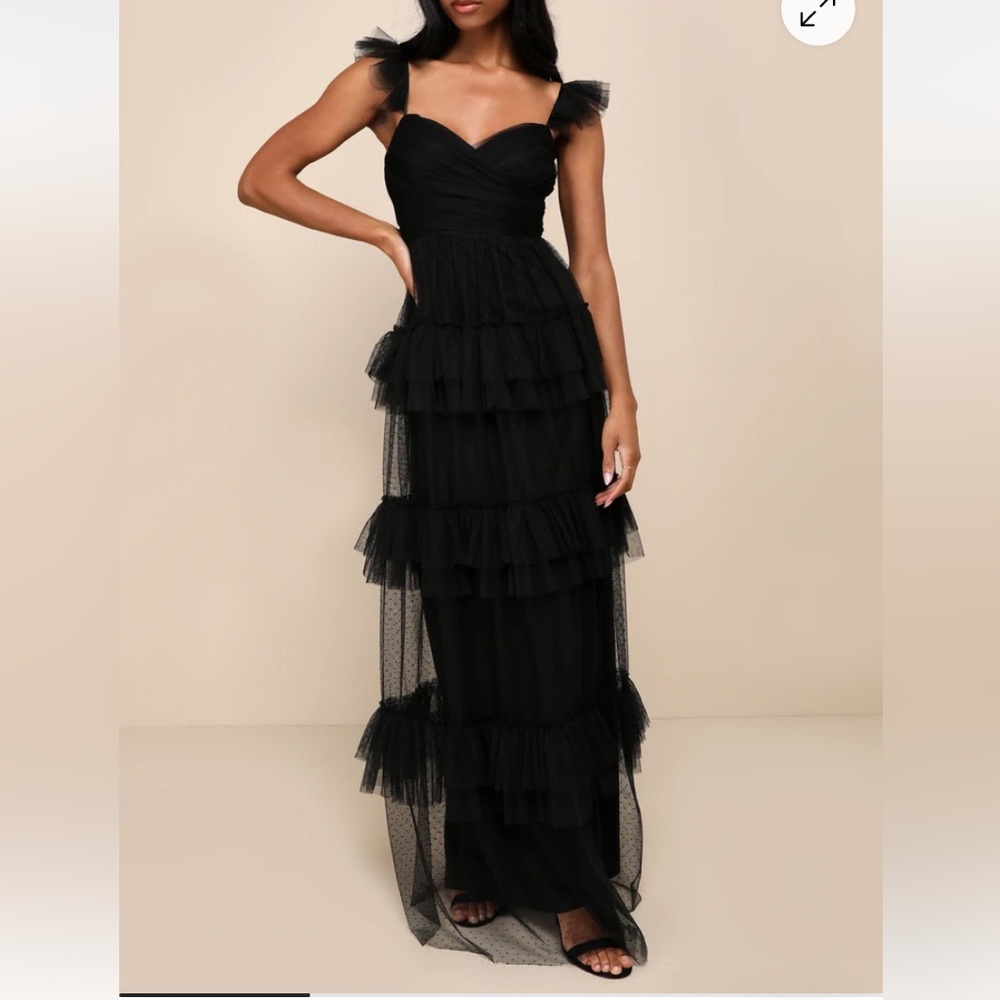 Pure Radiance Black Mesh Swiss Dot Tiered Maxi Dress